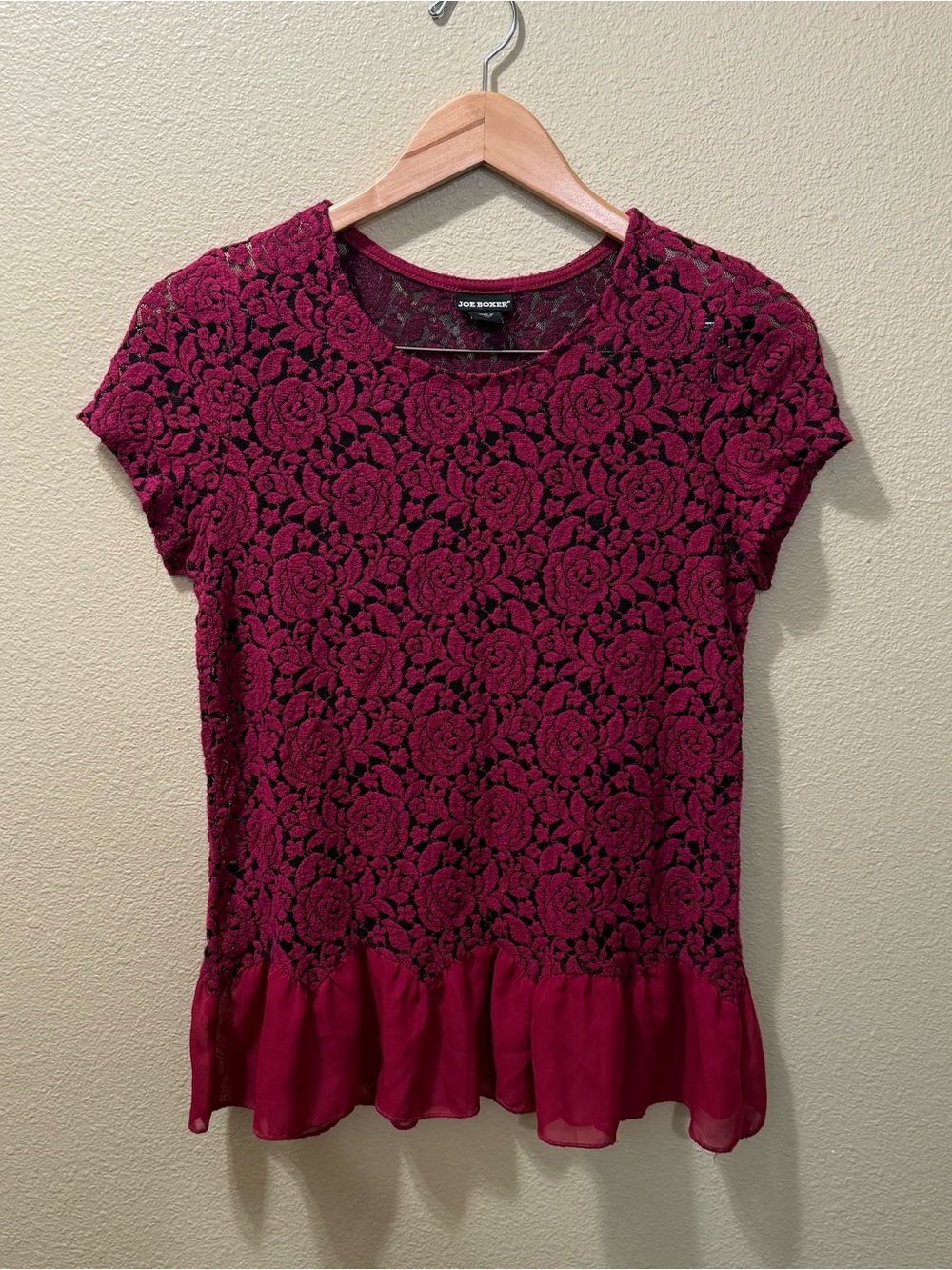 Women’s Large Vintage Y2K Joe Boxer Burgundy Lace Black Mesh Floral Rose Top